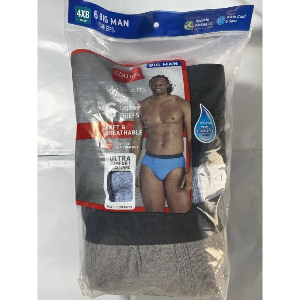 Hanes Briefs Men 4XB Multi Ultimate Big Man Tagless 6-Pack 7839B6 56-58” NEW